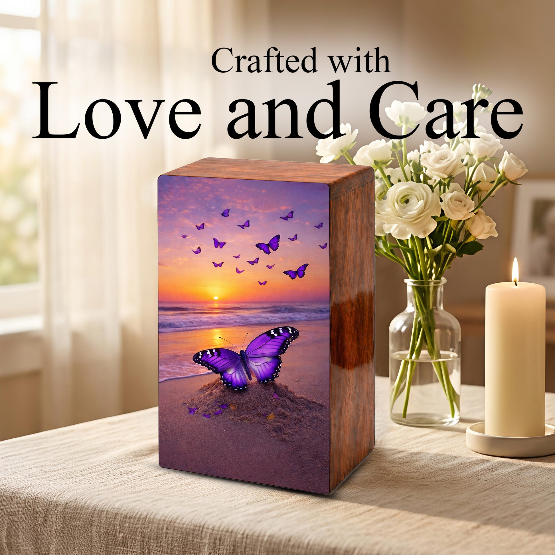 Purple Butterfly Urn For Ashes - Ocean Sunset Beach Keepsake Urns with Butterflies