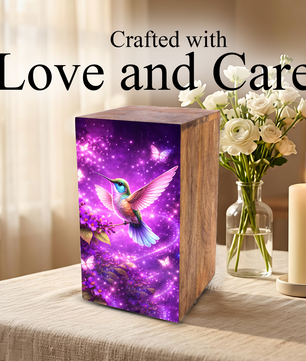Purple Hummingbird Urn For Mom Ashes - Bird Wooden Mini Urns For Female