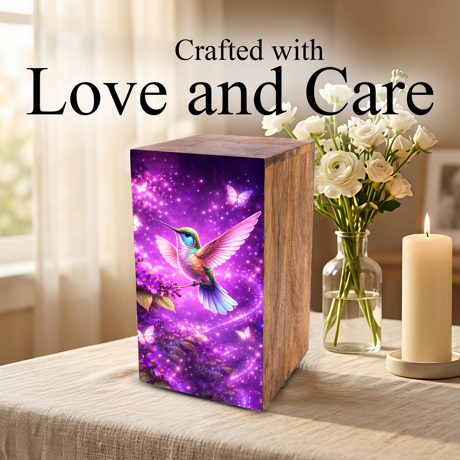 Purple Hummingbird Urn For Mom Ashes - Bird Wooden Mini Urns For Female