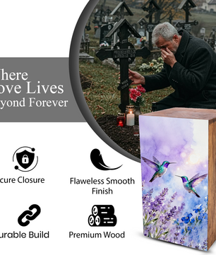 Purple Hummingbird Urn For Ashes - Flower Bird Keepsake Urns For Adults