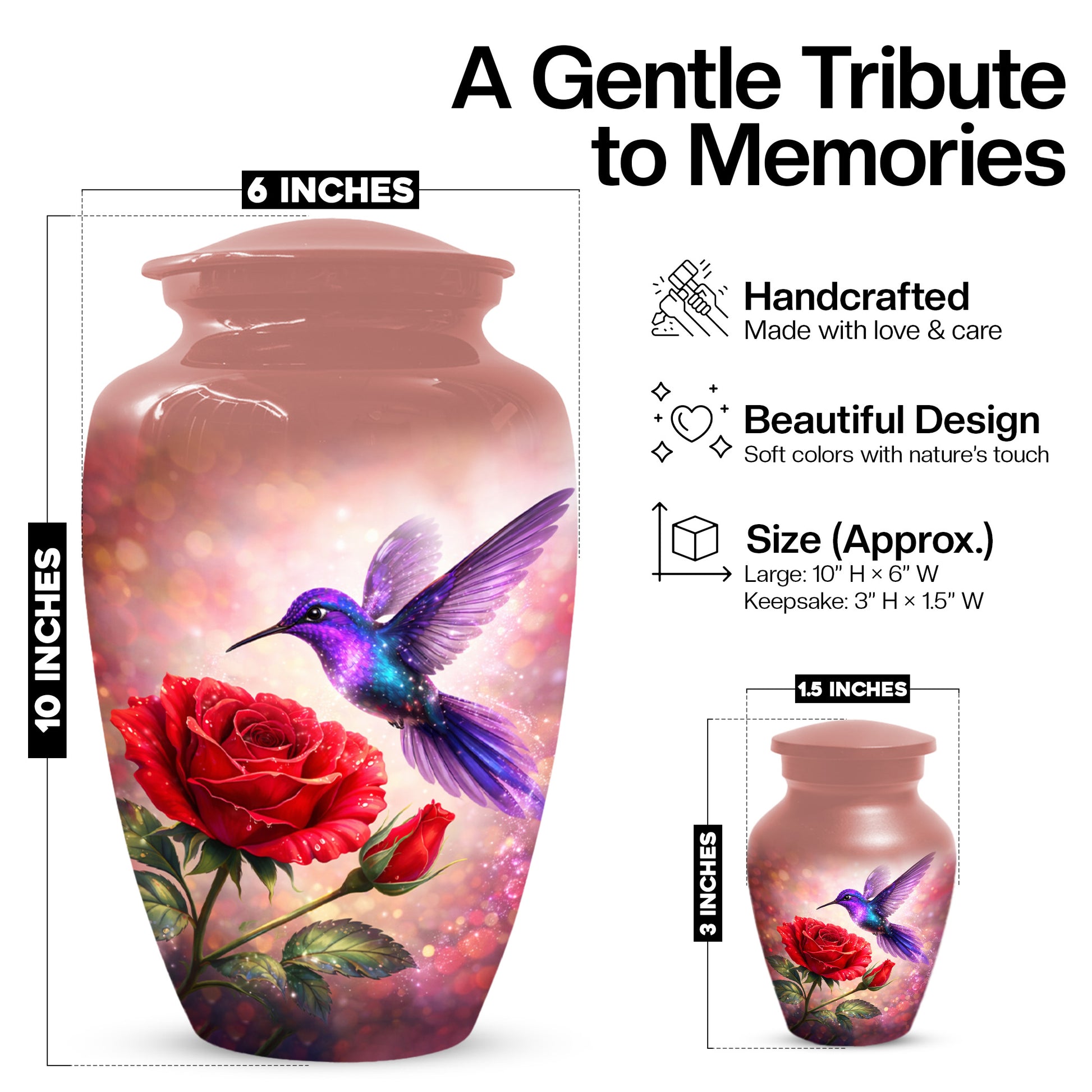Personalized Hummingbird & Rose Urn for Mom – Custom Rose Cremation Urns for Ashes