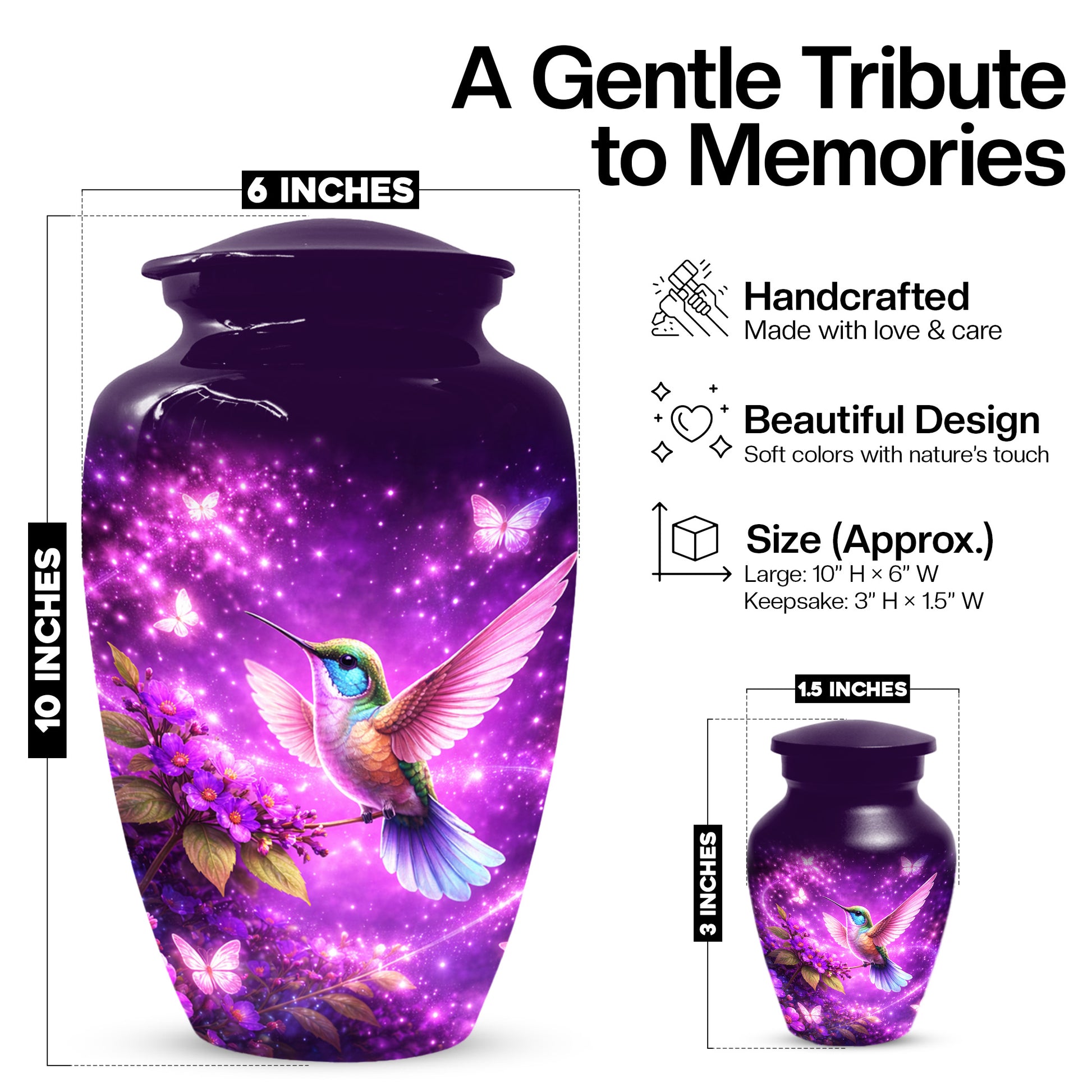 Personalized Purple Hummingbird Urn for Mom – Custom Hummingbird Cremation Urn for Ashes, Butterfly Memorial Urn for Women,