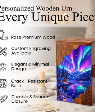 Aurora Borealis Wooden Cremation Urn – Northern Lights Memorial Urn for Human Ashes