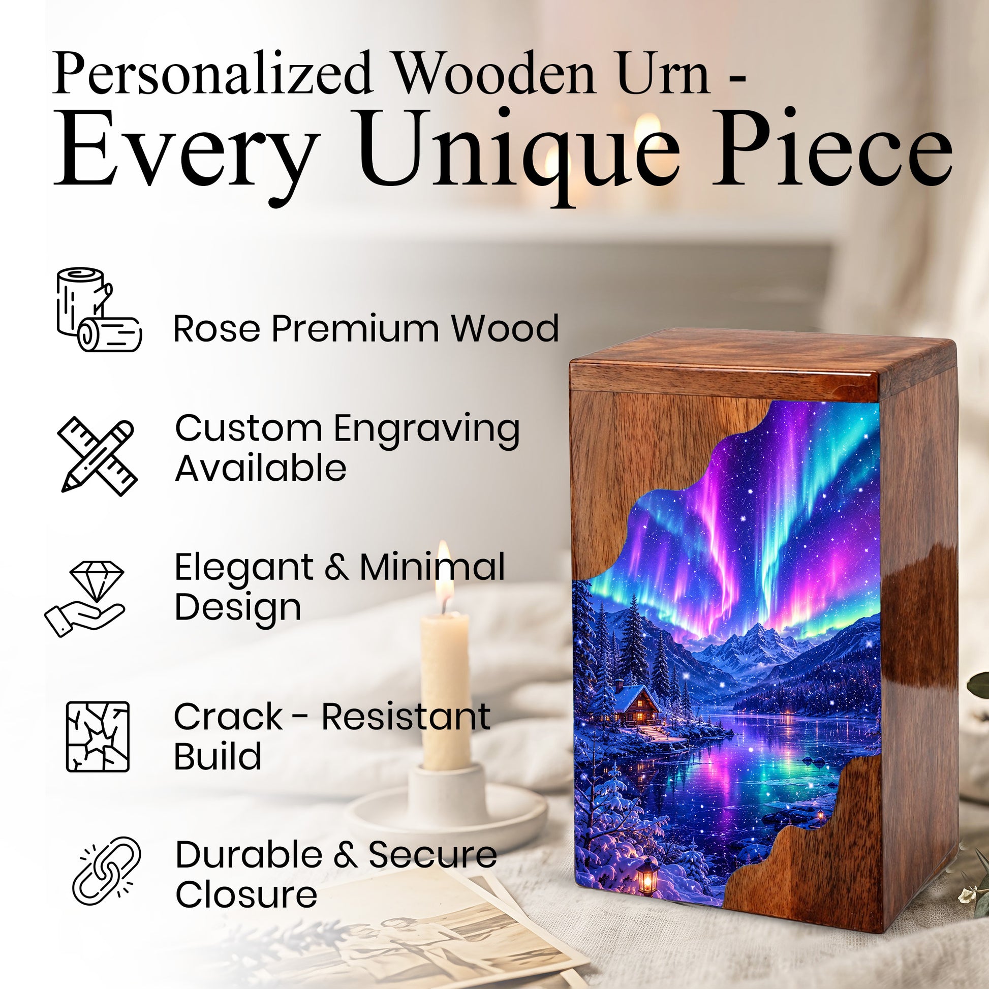 Aurora Borealis Wooden Cremation Urn – Northern Lights Memorial Urn for Human Ashes