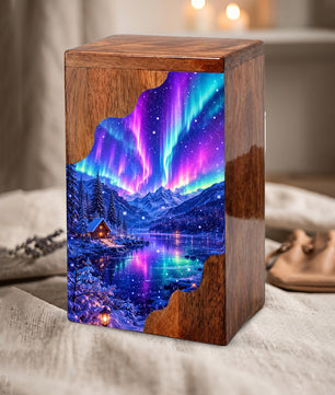 Aurora Borealis Wooden Cremation Urn – Northern Lights Memorial Urn for Human Ashes