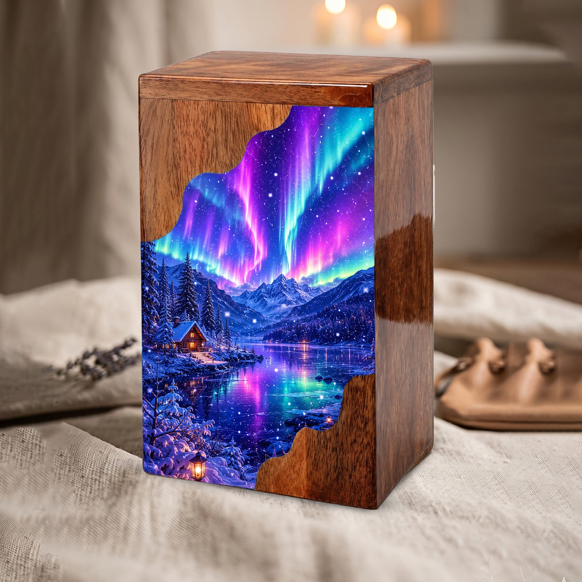 Aurora Borealis Wooden Cremation Urn – Northern Lights Memorial Urn for Human Ashes