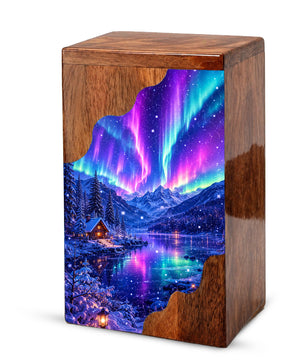 Aurora Borealis Wooden Cremation Urn – Northern Lights Memorial Urn for Human Ashes