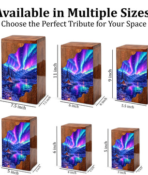 Aurora Borealis Wooden Cremation Urn – Northern Lights Memorial Urn for Human Ashes