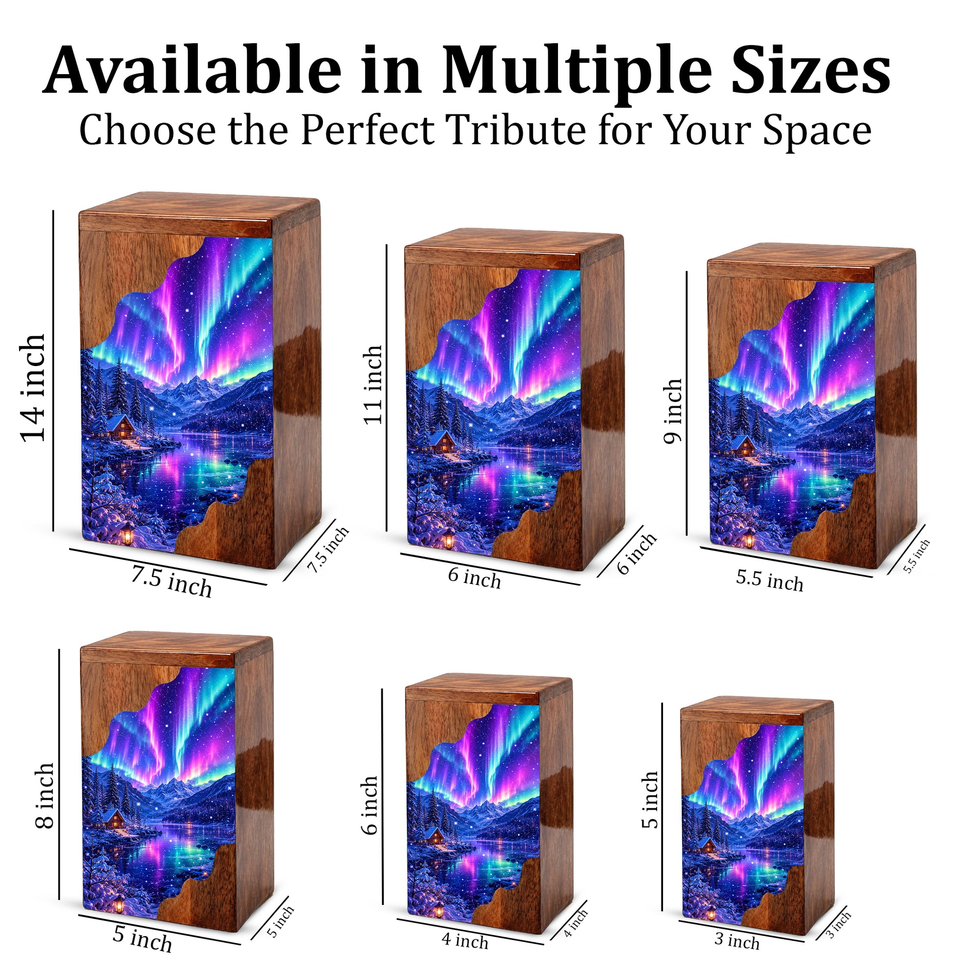 Aurora Borealis Wooden Cremation Urn – Northern Lights Memorial Urn for Human Ashes
