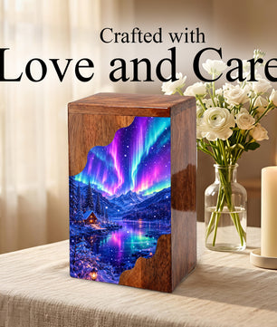 Aurora Borealis Wooden Cremation Urn – Northern Lights Memorial Urn for Human Ashes