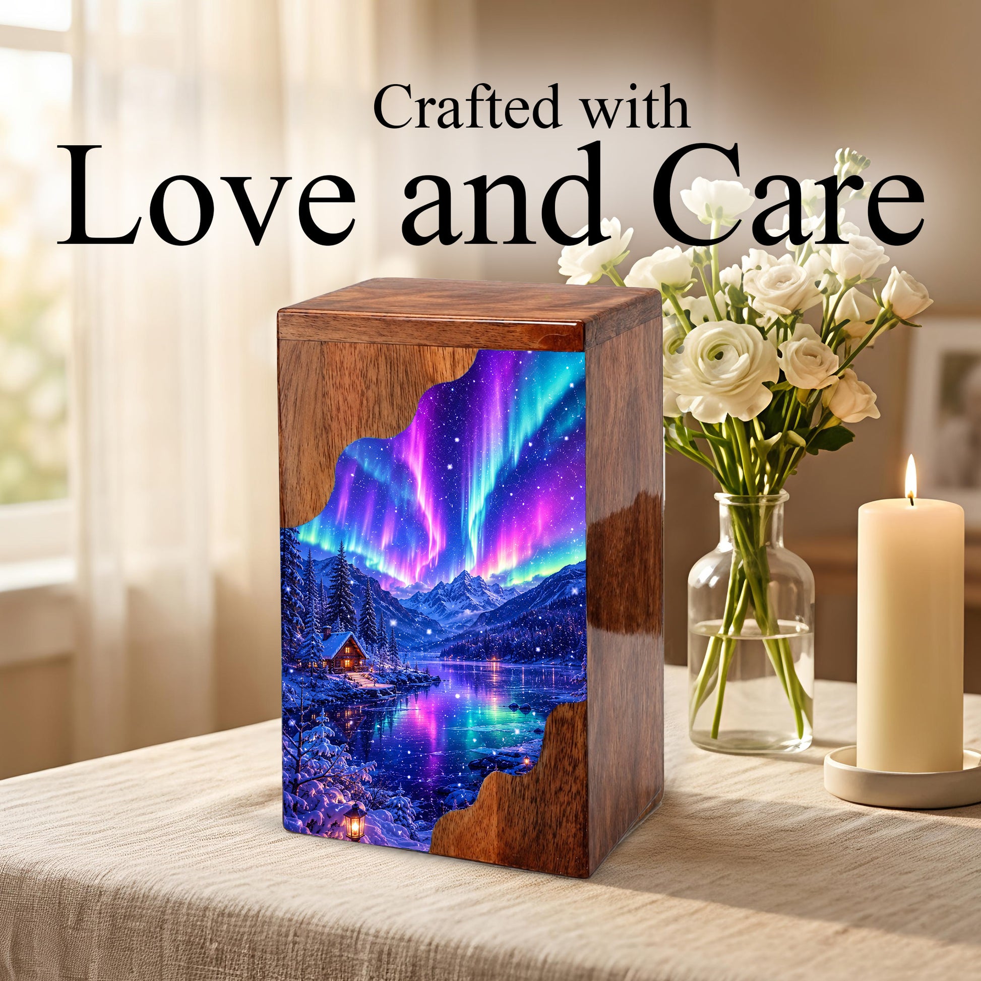 Aurora Borealis Wooden Cremation Urn – Northern Lights Memorial Urn for Human Ashes