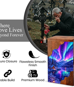 Aurora Borealis Wooden Cremation Urn – Northern Lights Memorial Urn for Human Ashes