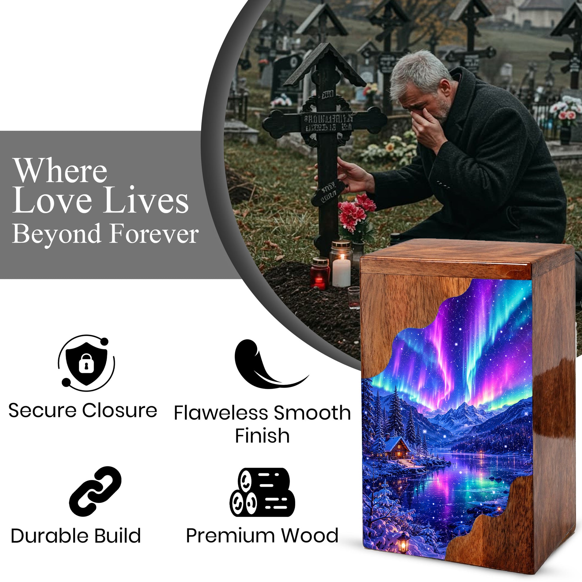 Aurora Borealis Wooden Cremation Urn – Northern Lights Memorial Urn for Human Ashes