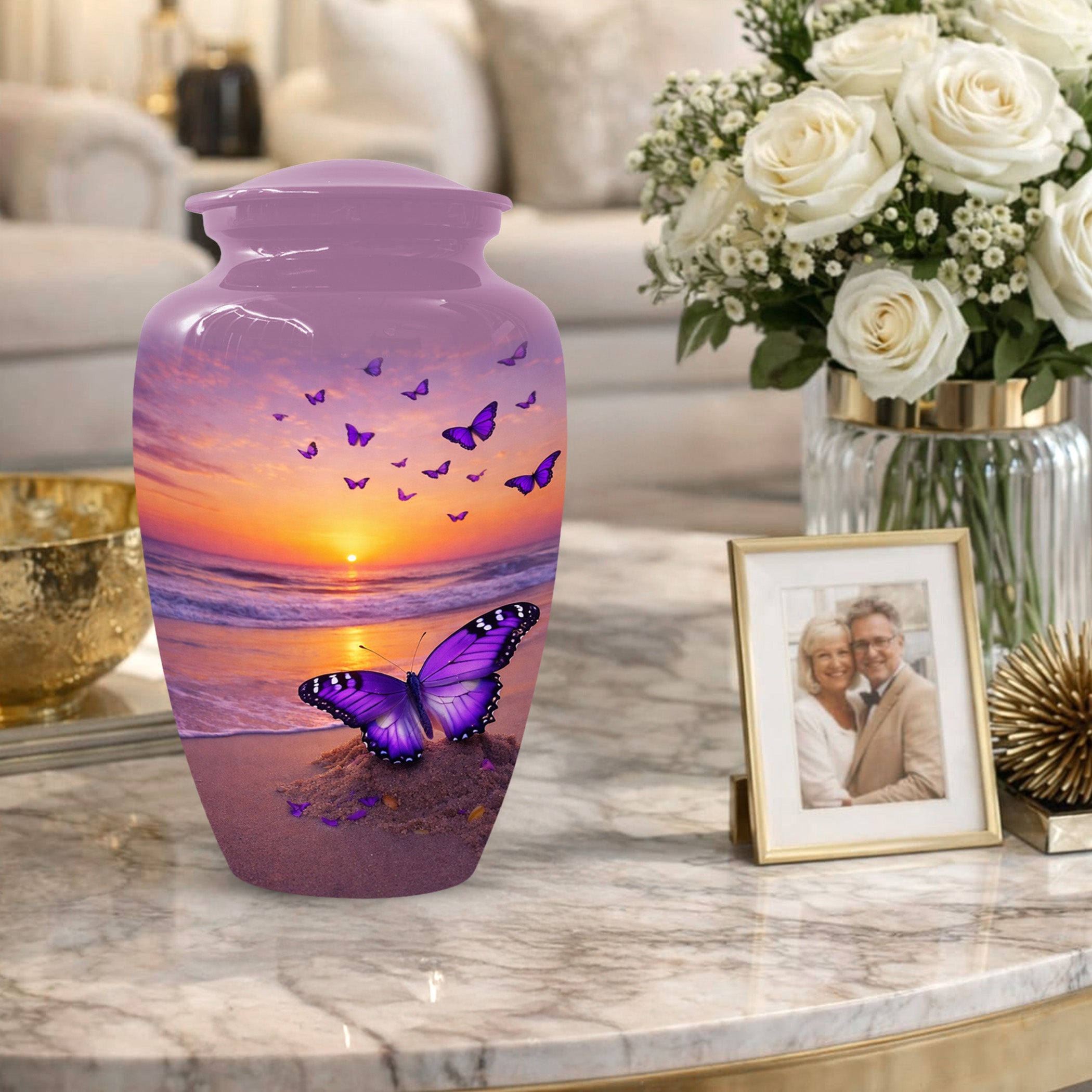 Purple Butterfly Urn For Women Ashes - Sunset Beach Cremation Urn with Butterflies