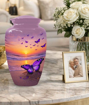 Purple Butterfly Urn For Women Ashes - Sunset Beach Cremation Urn with Butterflies