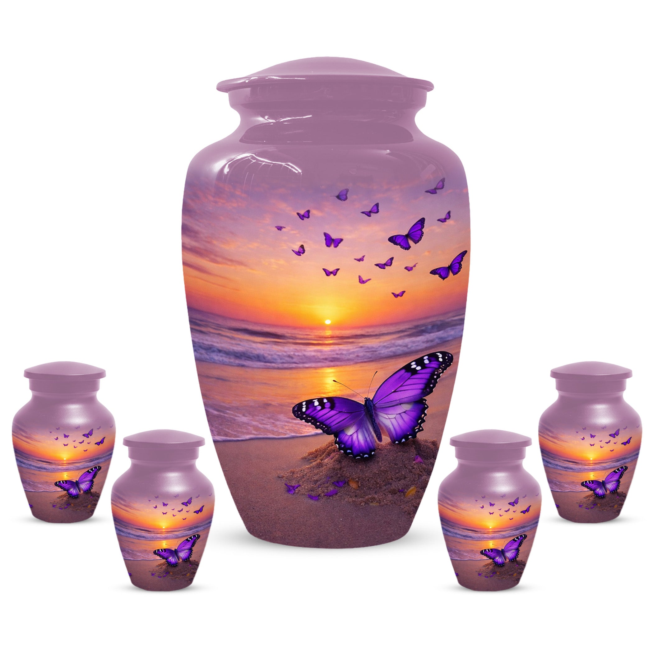 Purple Butterfly Urn For Women Ashes - Sunset Beach Cremation Urn with Butterflies