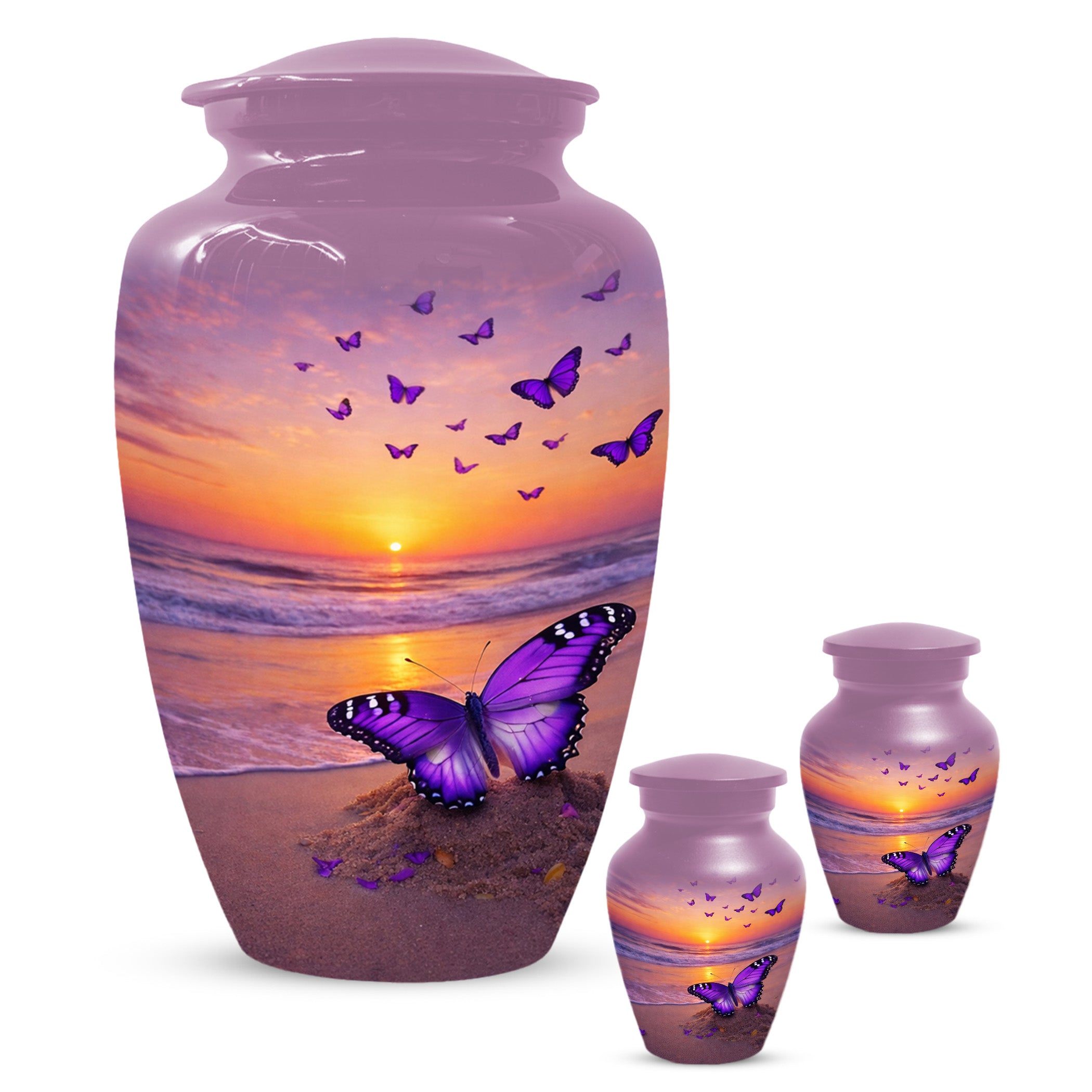Purple Butterfly Urn For Women Ashes - Sunset Beach Cremation Urn with Butterflies