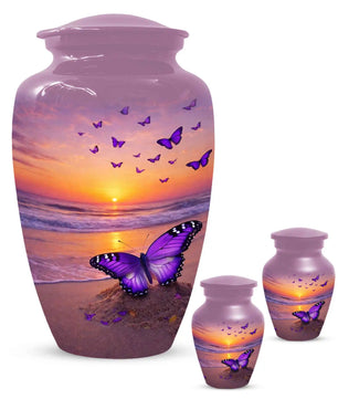 Purple Butterfly Urn For Women Ashes - Sunset Beach Cremation Urn with Butterflies