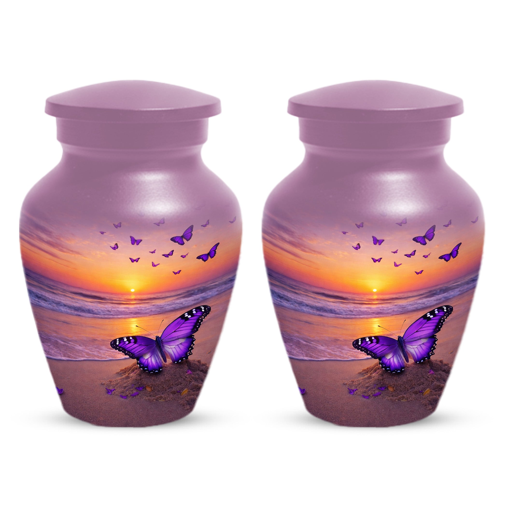 Purple Butterfly Urn For Women Ashes - Sunset Beach Cremation Urn with Butterflies