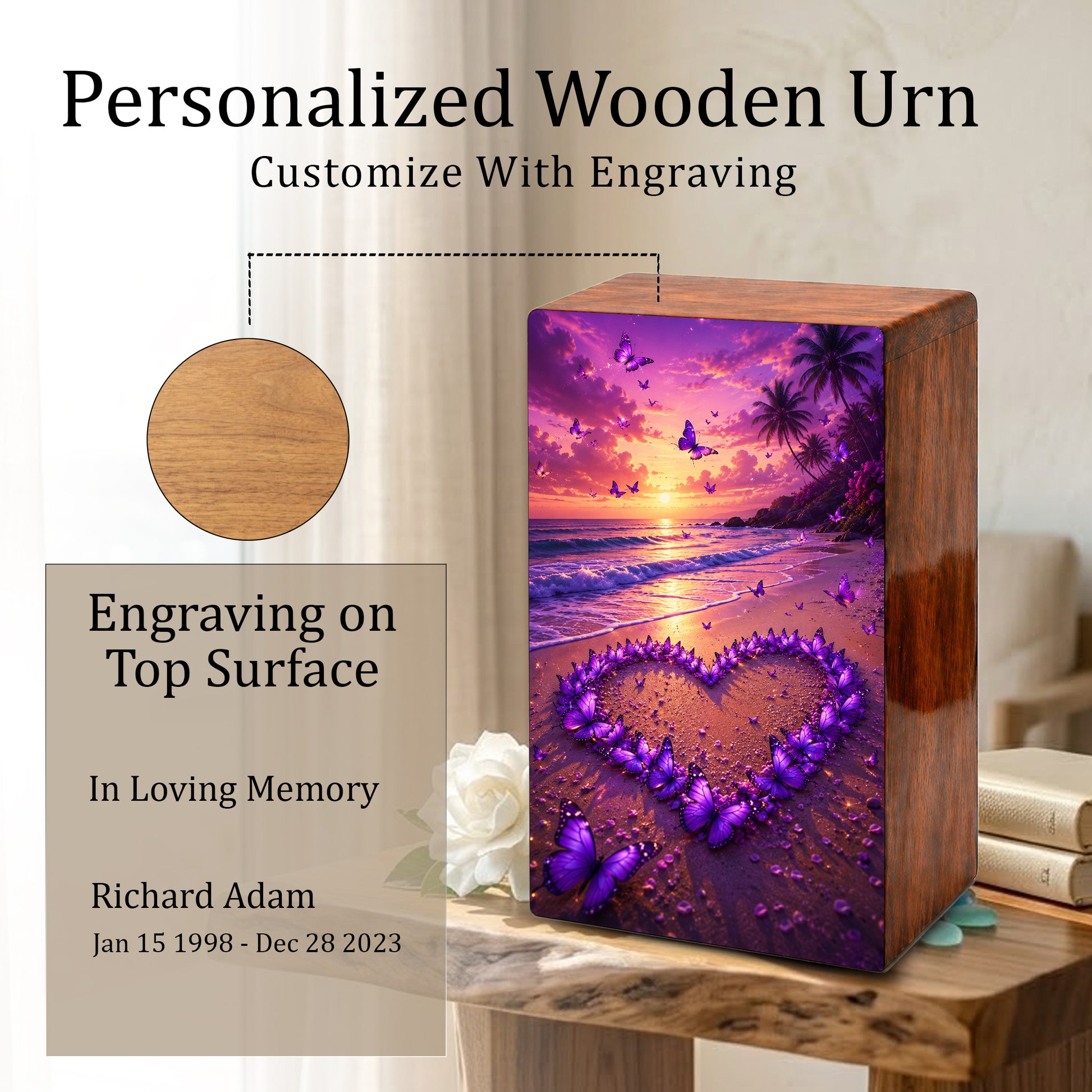 Purple Butterfly Urn For Human Ashes - Heart Beach Memorial Urns For Male and Female