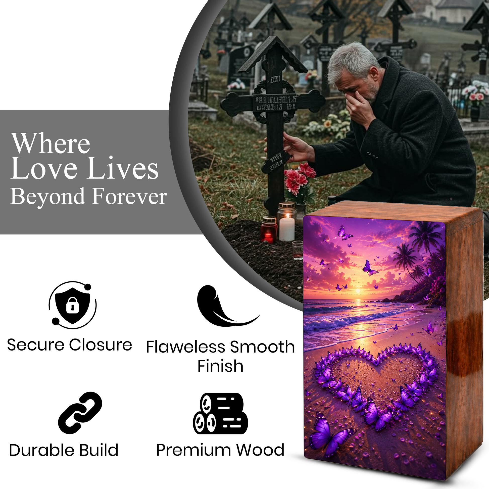 Purple Butterfly Urn For Human Ashes - Heart Beach Memorial Urns For Male and Female