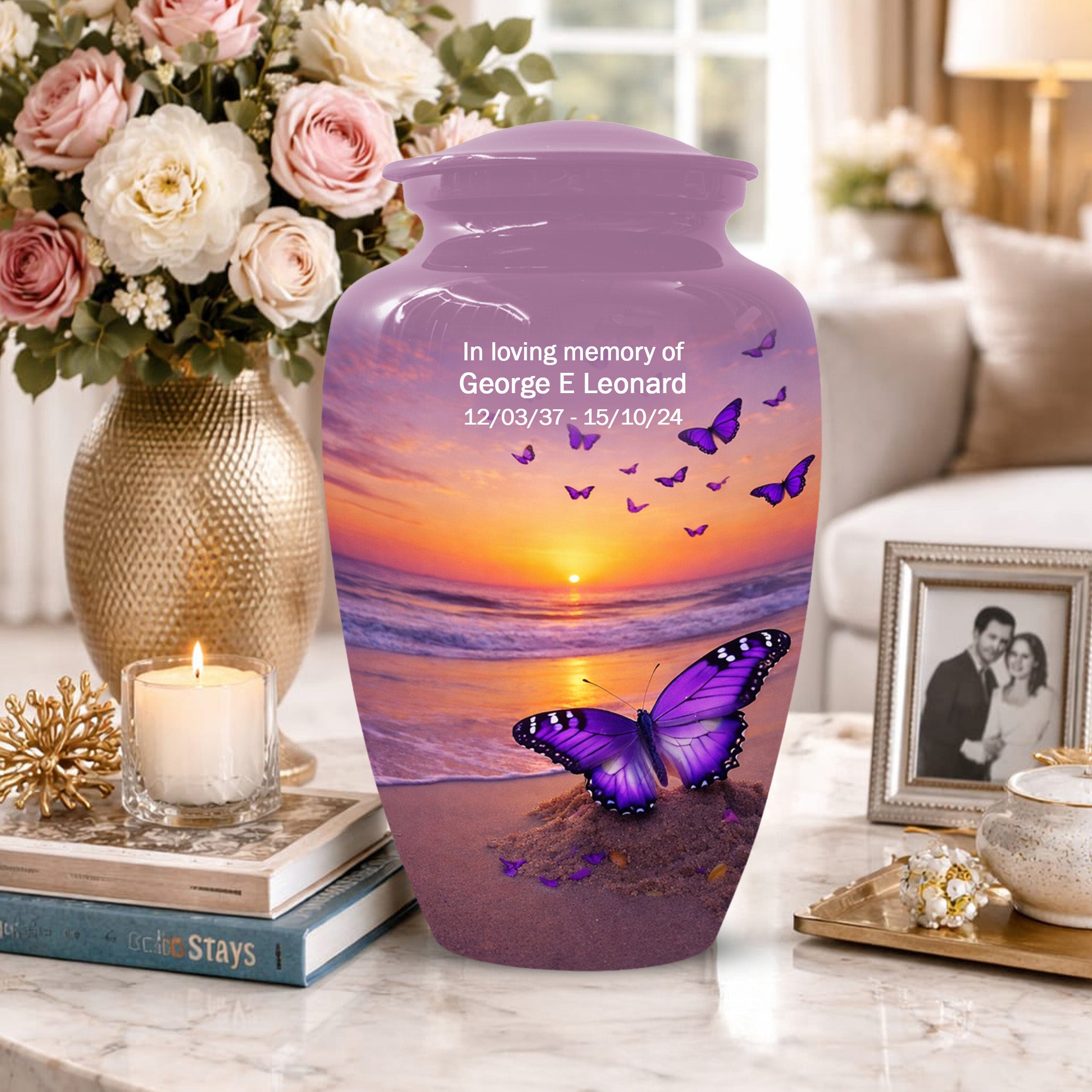 Purple Butterfly Urn For Women Ashes - Sunset Beach Cremation Urn with Butterflies