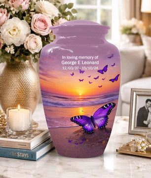 Purple Butterfly Urn For Women Ashes - Sunset Beach Cremation Urn with Butterflies