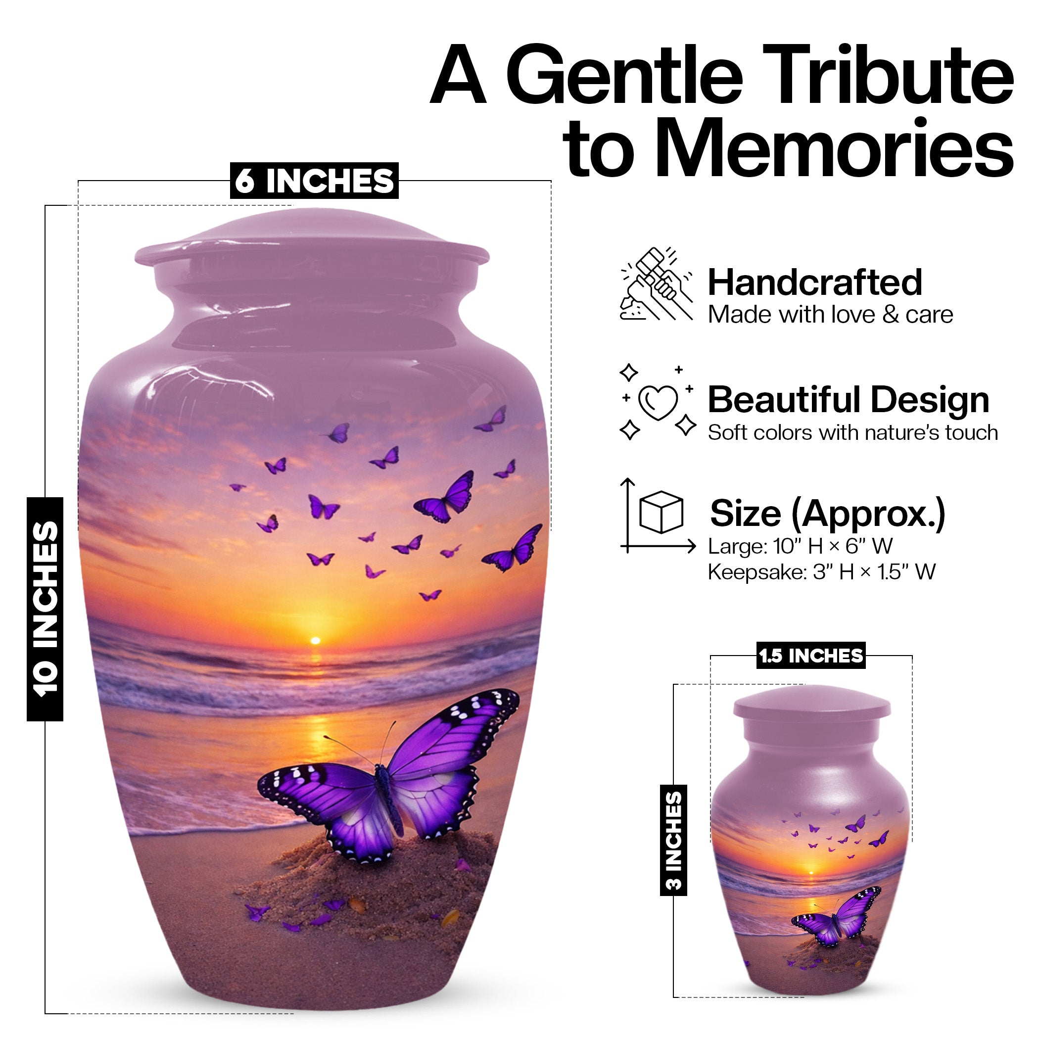 Purple Butterfly Urn For Women Ashes - Sunset Beach Cremation Urn with Butterflies