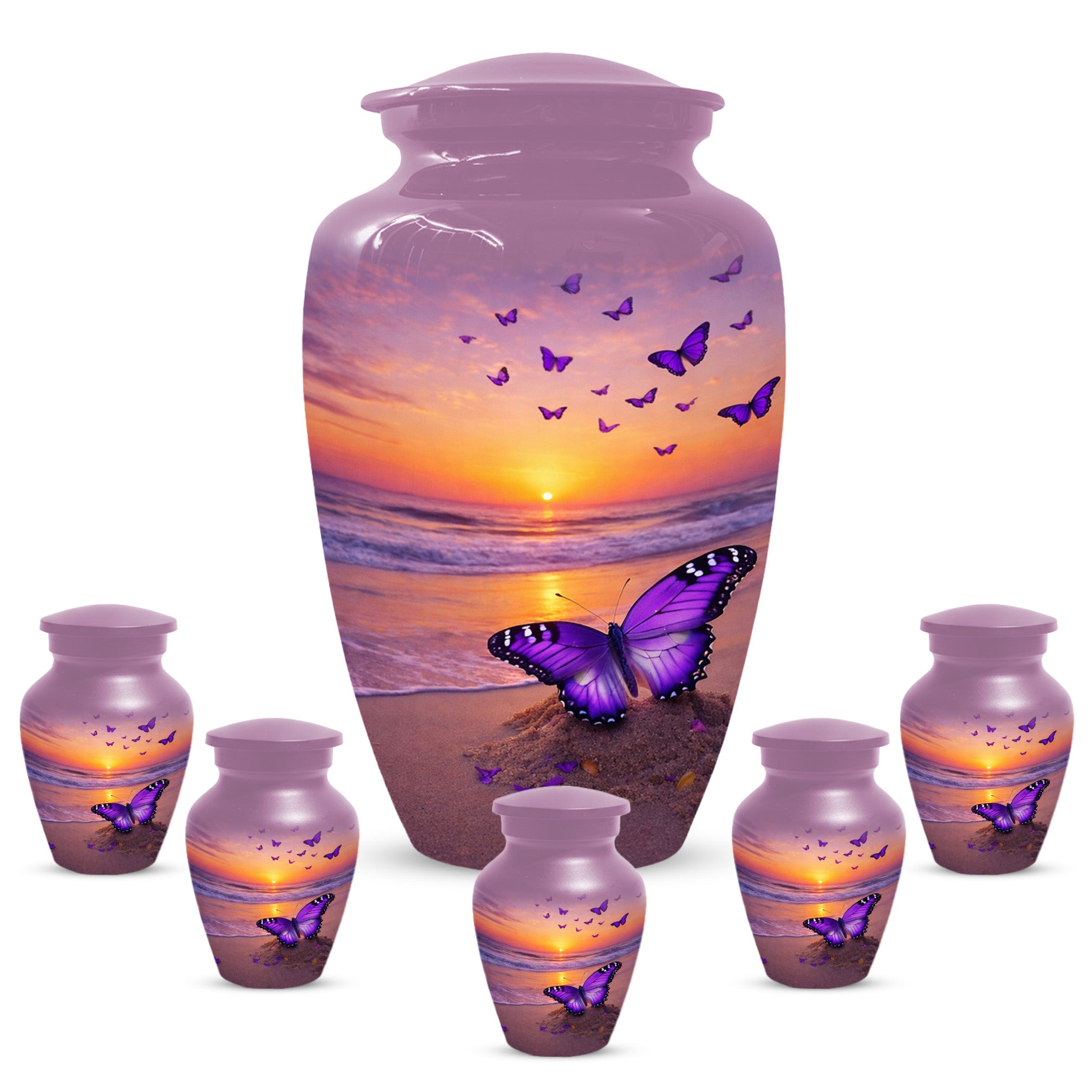 Purple Butterfly Urn For Women Ashes - Sunset Beach Cremation Urn with Butterflies