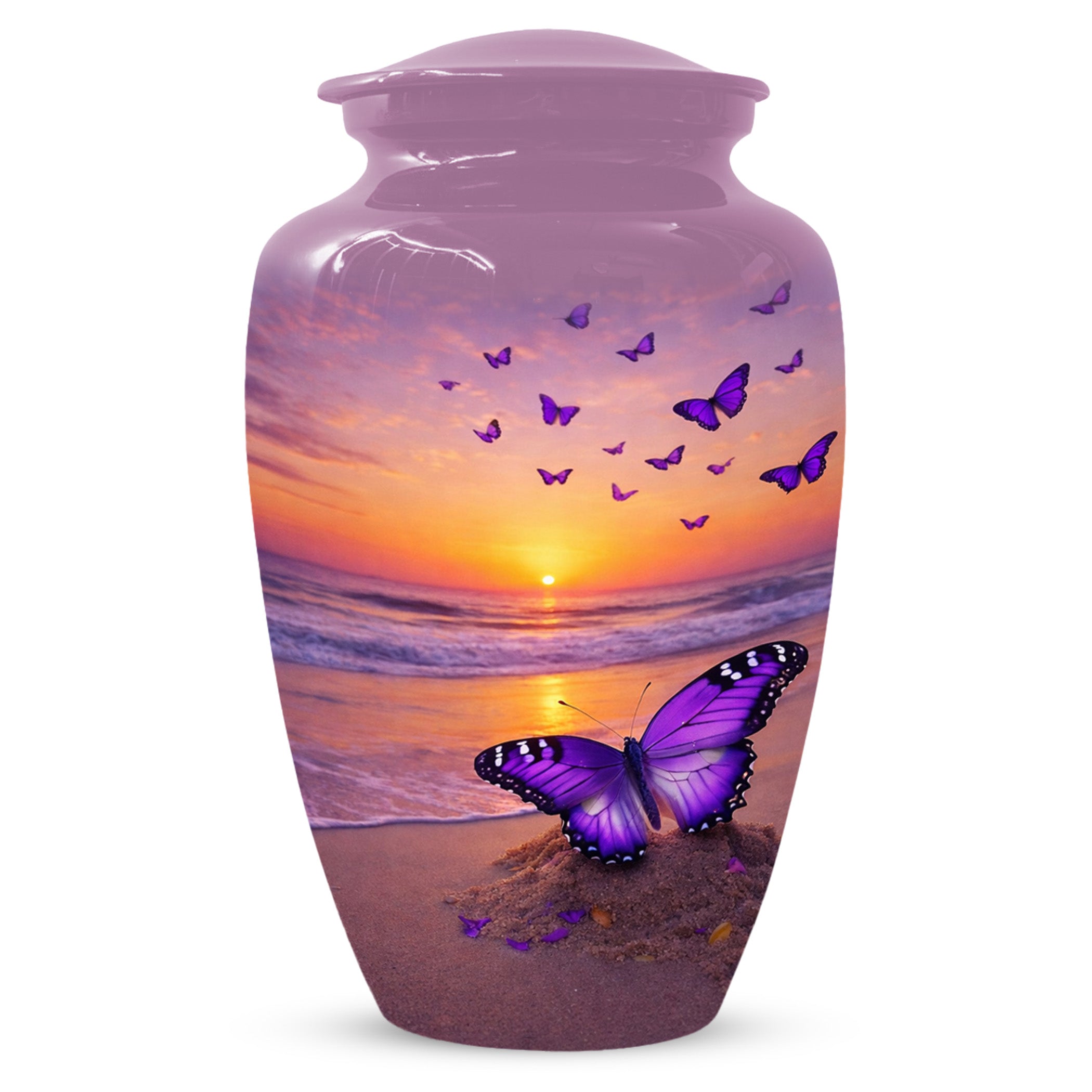 Purple Butterfly Urn For Women Ashes - Sunset Beach Cremation Urn with Butterflies