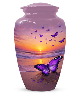 Purple Butterfly Urn For Women Ashes - Sunset Beach Cremation Urn with Butterflies
