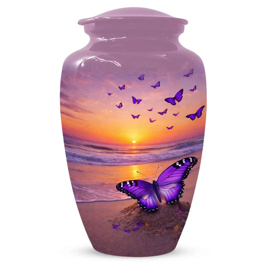 Purple Butterfly Urn For Women Ashes - Sunset Beach Cremation Urn with Butterflies
