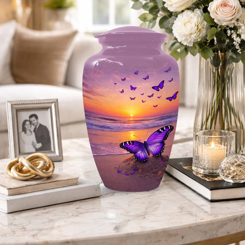 Purple Butterfly Urn For Women Ashes - Sunset Beach Cremation Urn with Butterflies