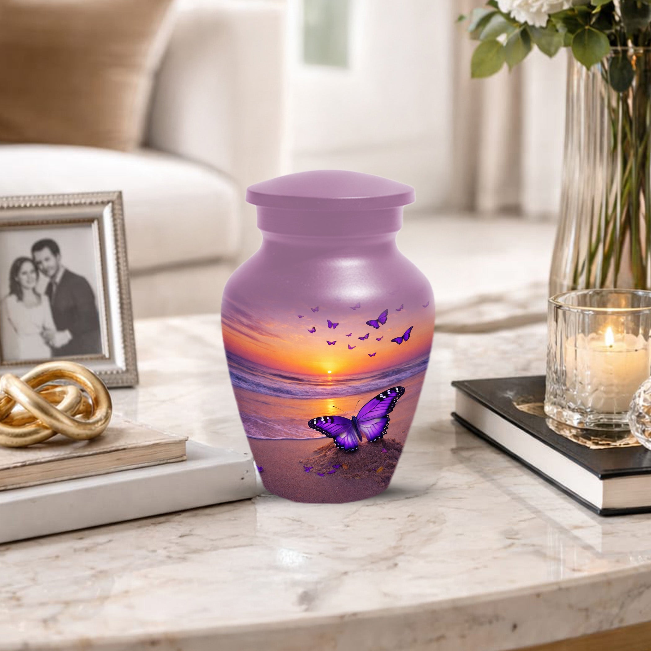 Purple Butterfly Urn For Women Ashes - Sunset Beach Cremation Urn with Butterflies