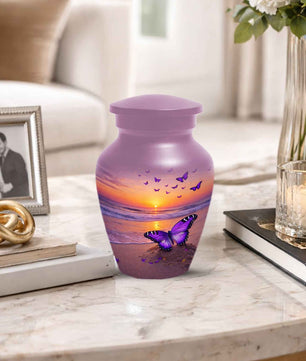 Purple Butterfly Urn For Women Ashes - Sunset Beach Cremation Urn with Butterflies