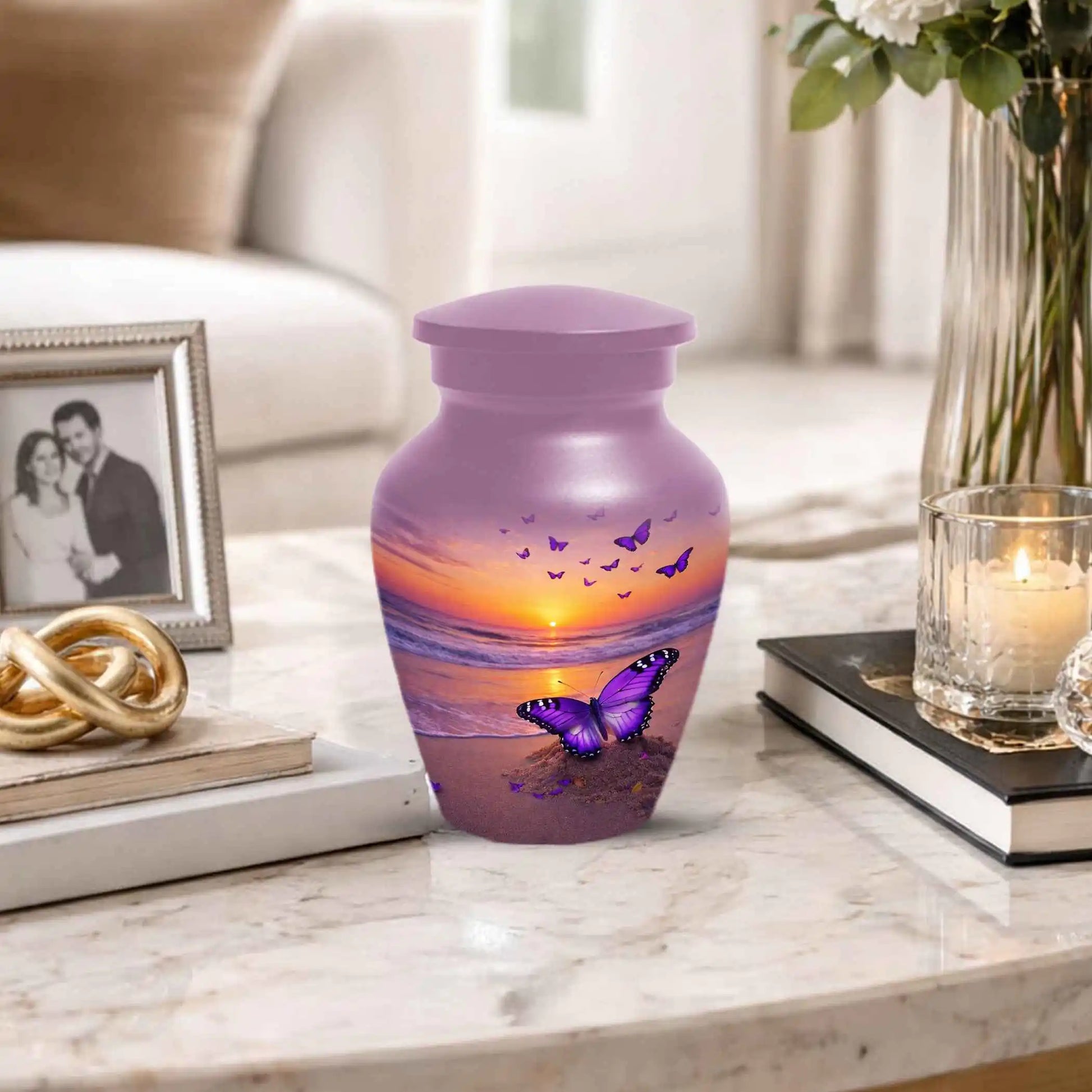 Purple Butterfly Urn For Women Ashes - Sunset Beach Cremation Urn with Butterflies