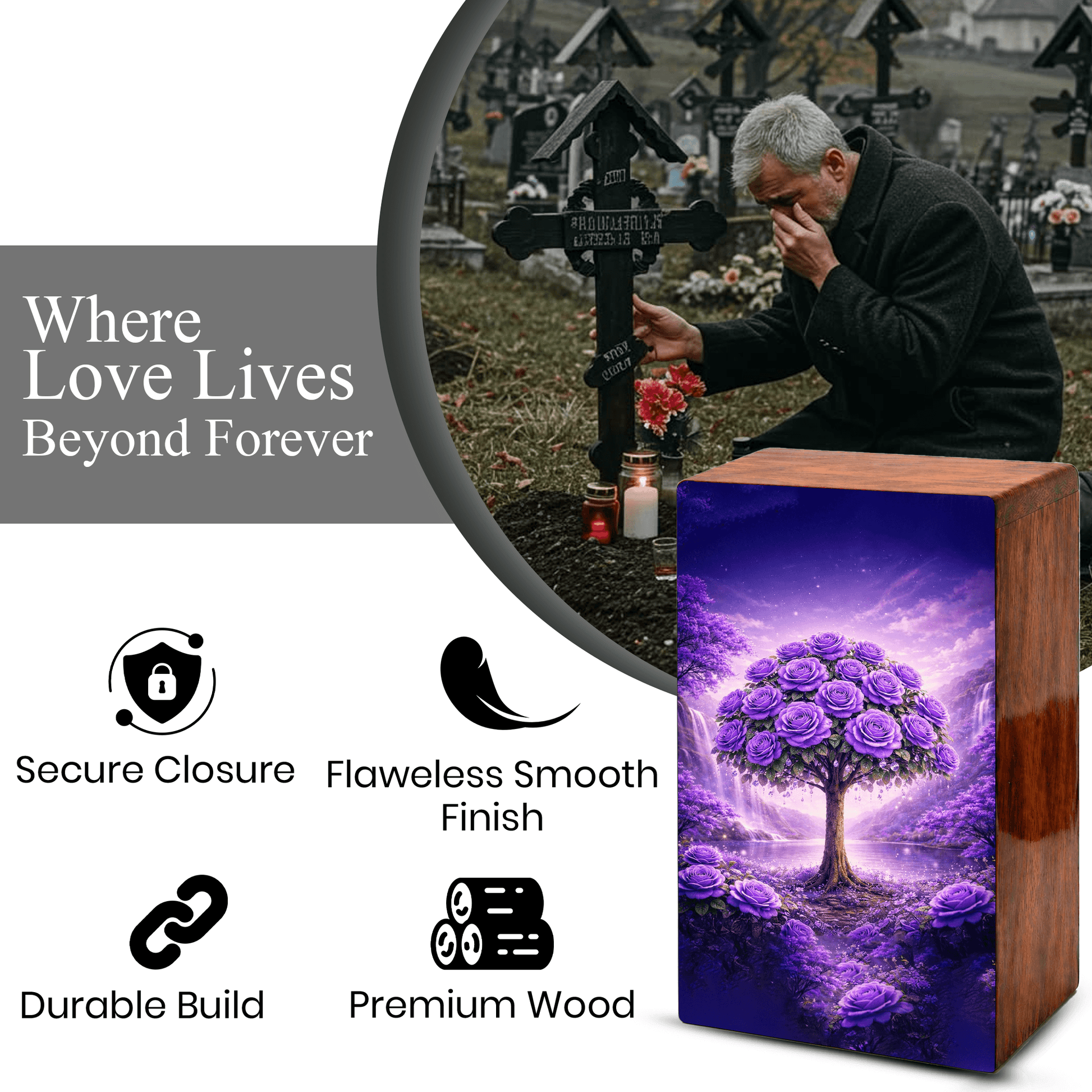 Purple Rose Flower Urn for Human Ashes - Floral Tree Memorial Keepsake Urn Box