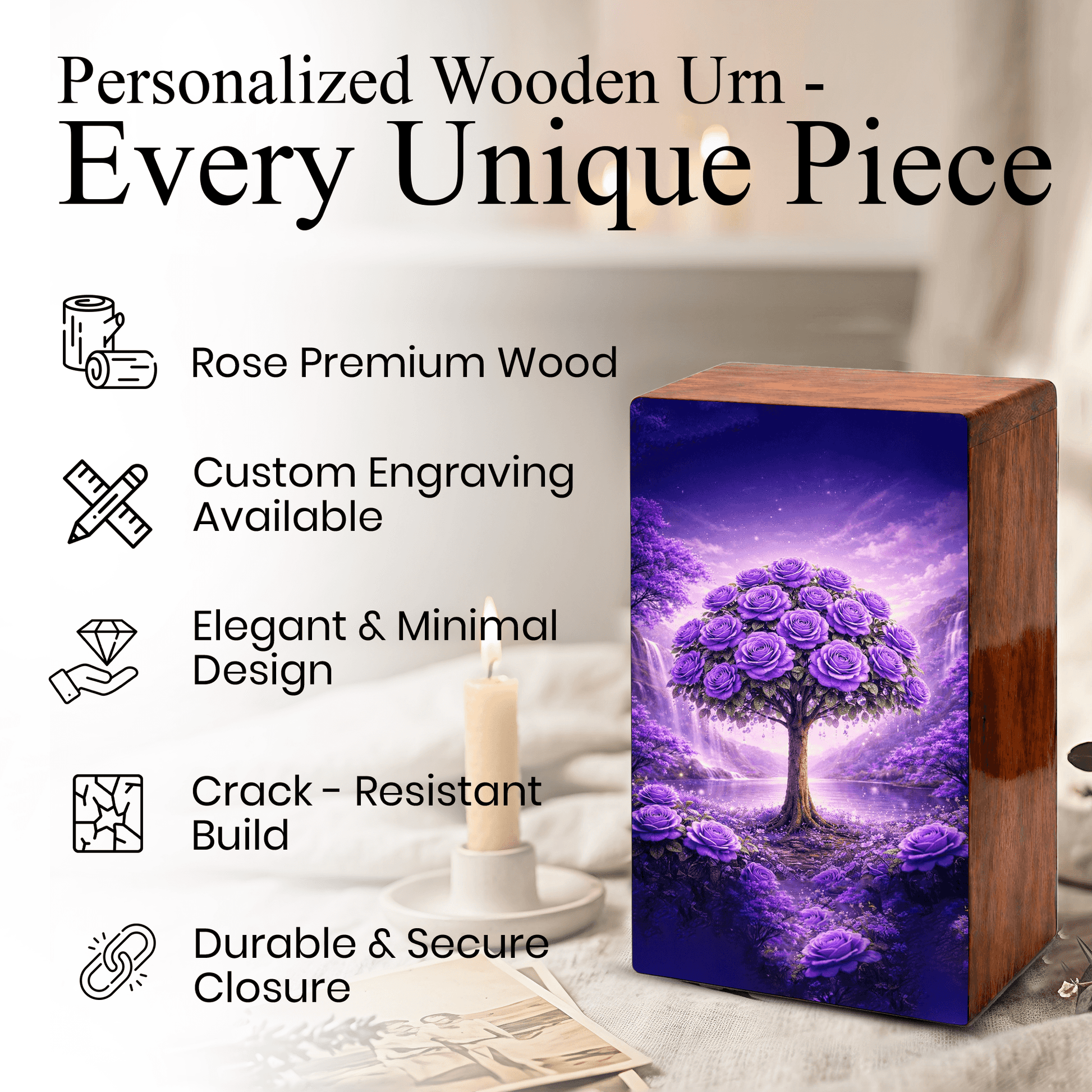 Purple Rose Flower Urn for Human Ashes - Floral Tree Memorial Keepsake Urn Box