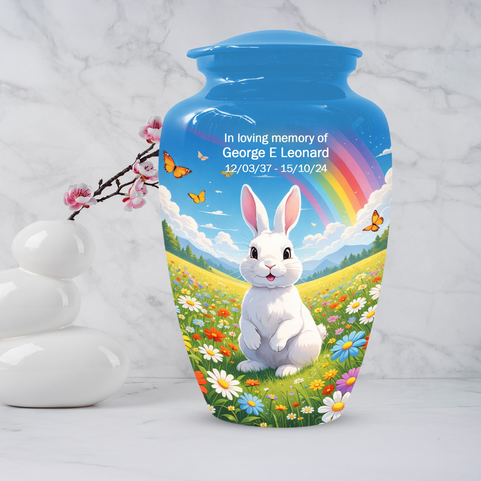 Personalized Bunny Rainbow Urn for Ashes – Custom Rabbit Cremation Urn, Adult Memorial Funeral Urn for Human Ashes