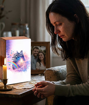 Rainbow Bridge Cat Urn for Ashes - Personalized Pet Keepsake Box - Cat Loss Gift