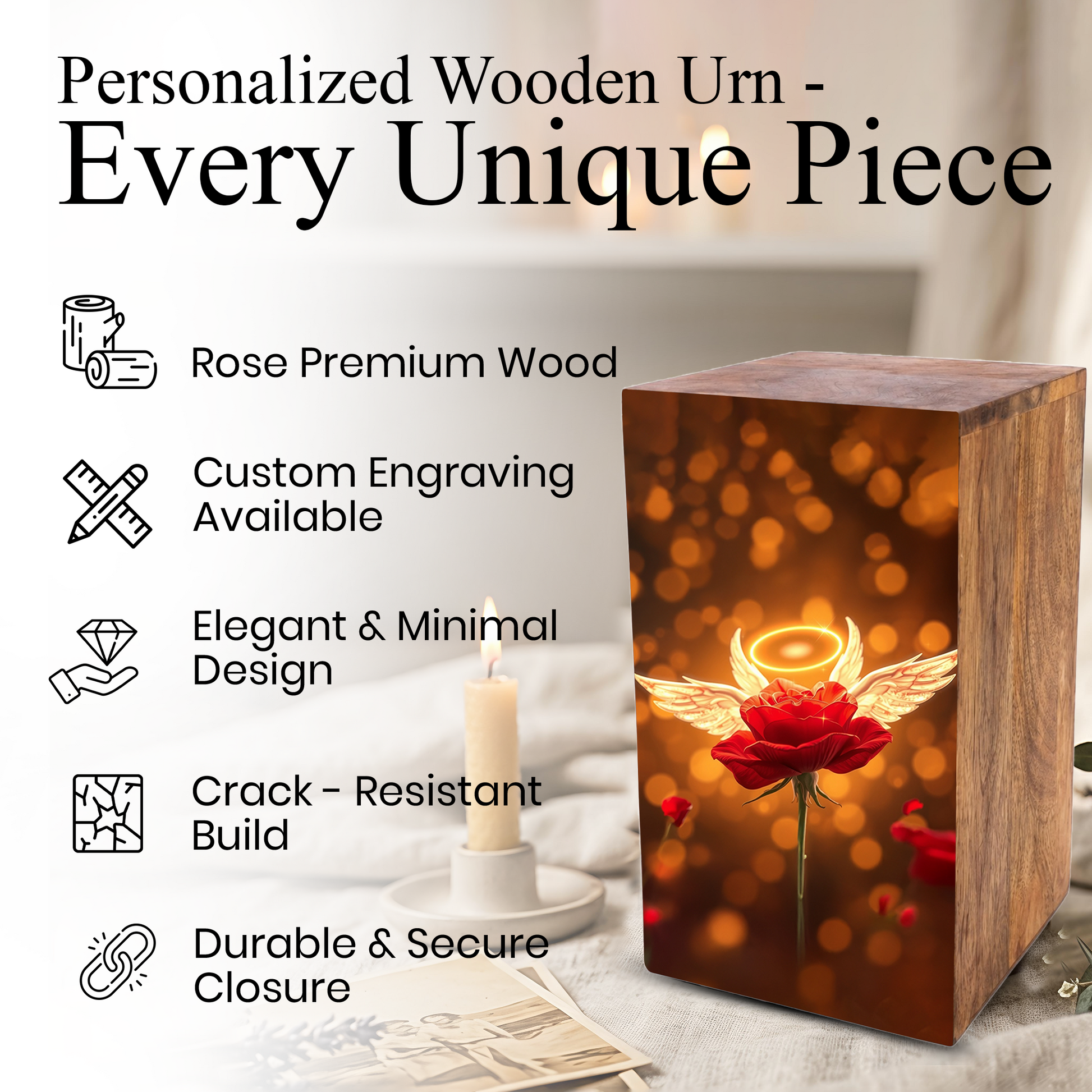 Red Rose Urn For Human Ashes - Angel Rose Decorative Wooden Box