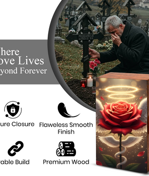 Red Rose Wooden Urn for Ashes - Angel Wings Memorial Keepsake Urn Box