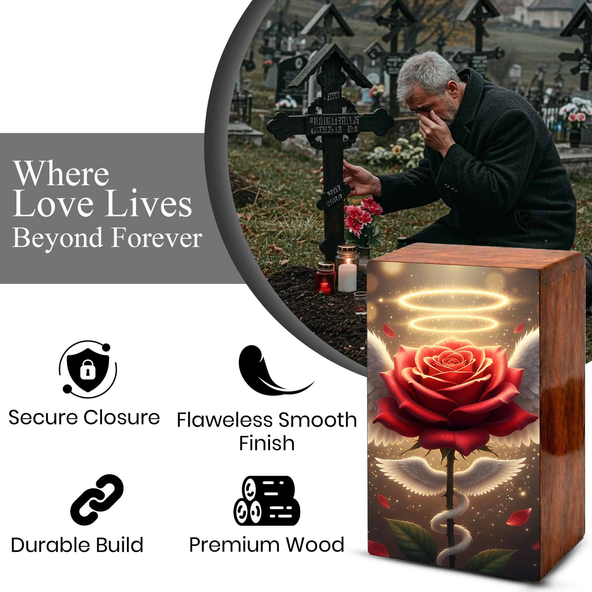 Red Rose Wooden Urn for Ashes - Angel Wings Memorial Keepsake Urn Box