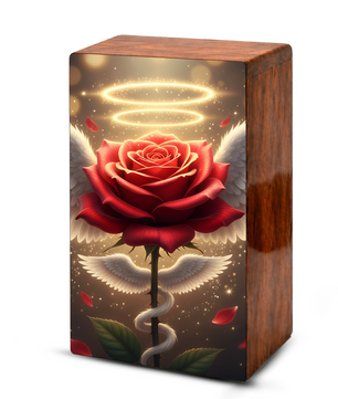 Red Rose Wooden Urn for Ashes - Angel Wings Memorial Keepsake Urn Box
