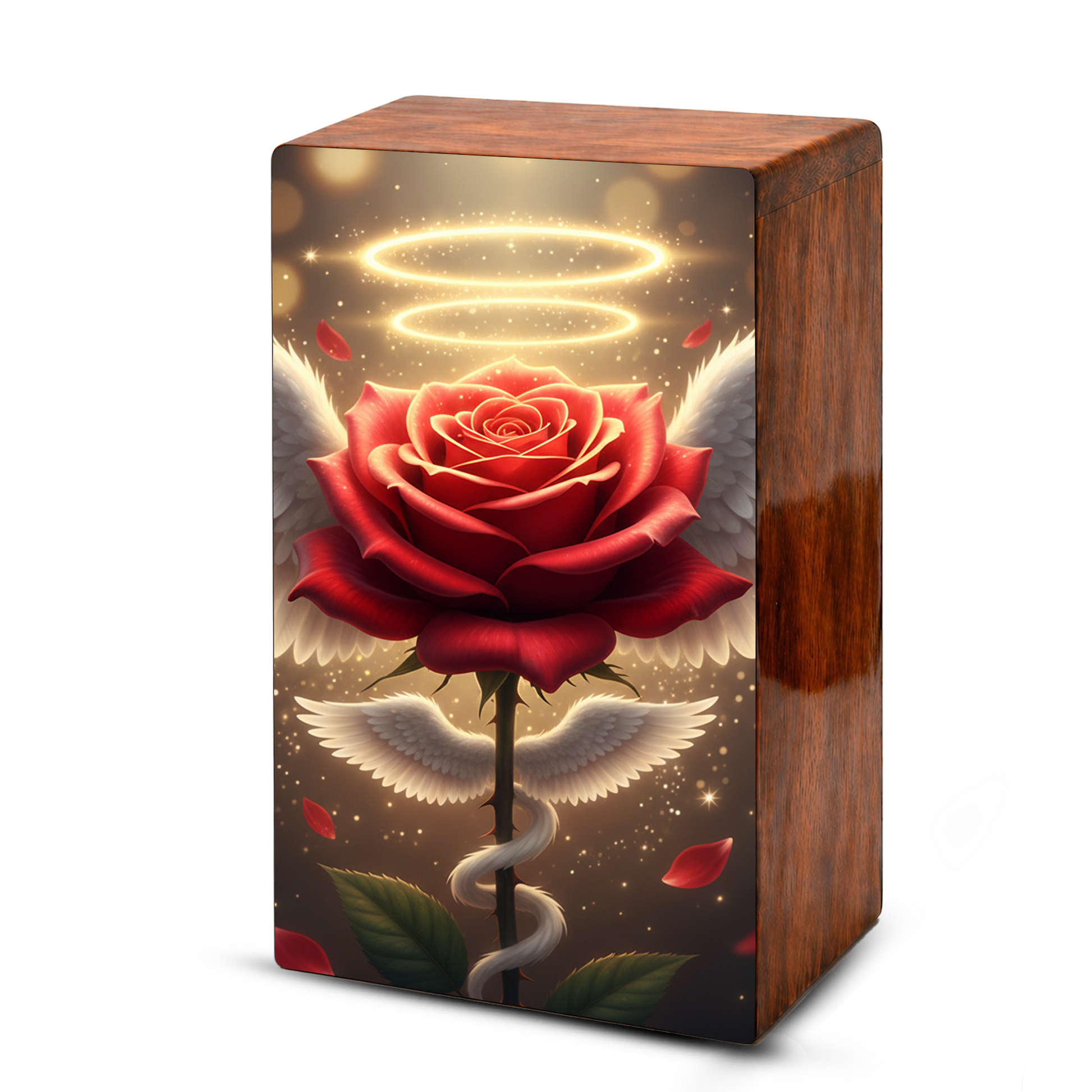 Red Rose Wooden Urn for Ashes - Angel Wings Memorial Keepsake Urn Box