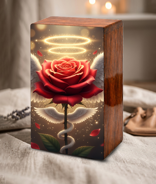 Red Rose Wooden Urn for Ashes - Angel Wings Memorial Keepsake Urn Box