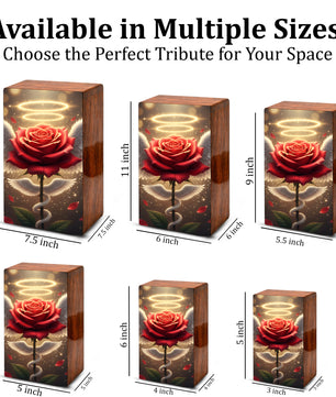 Red Rose Wooden Urn for Ashes - Angel Wings Memorial Keepsake Urn Box