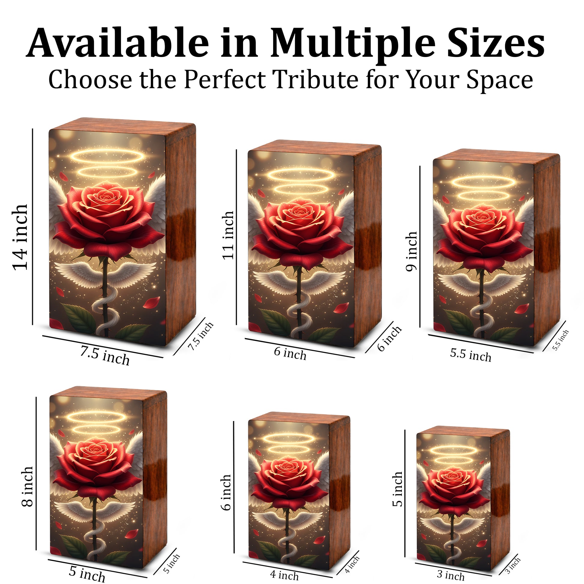 Red Rose Wooden Urn for Ashes - Angel Wings Memorial Keepsake Urn Box