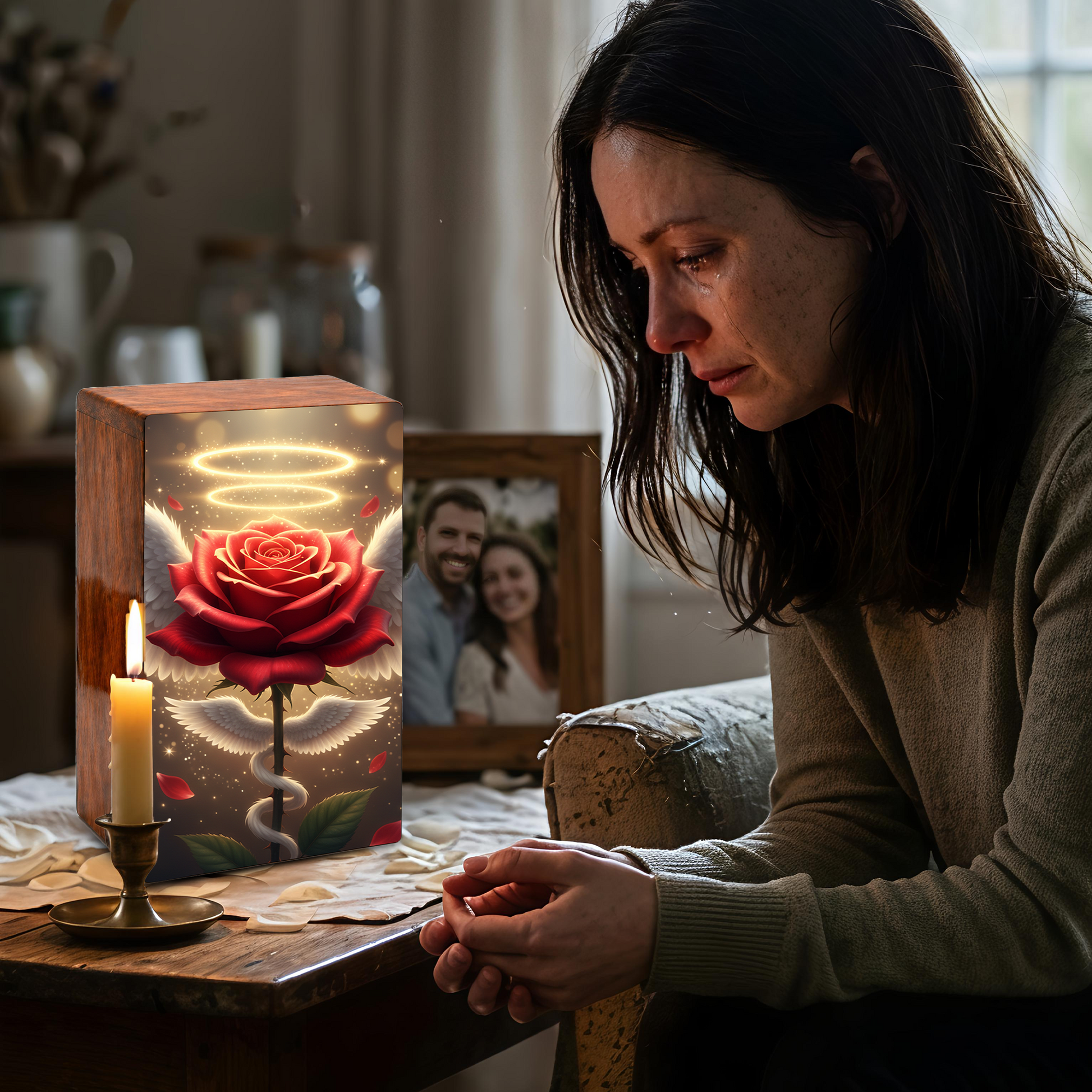 Red Rose Wooden Urn for Ashes - Angel Wings Memorial Keepsake Urn Box