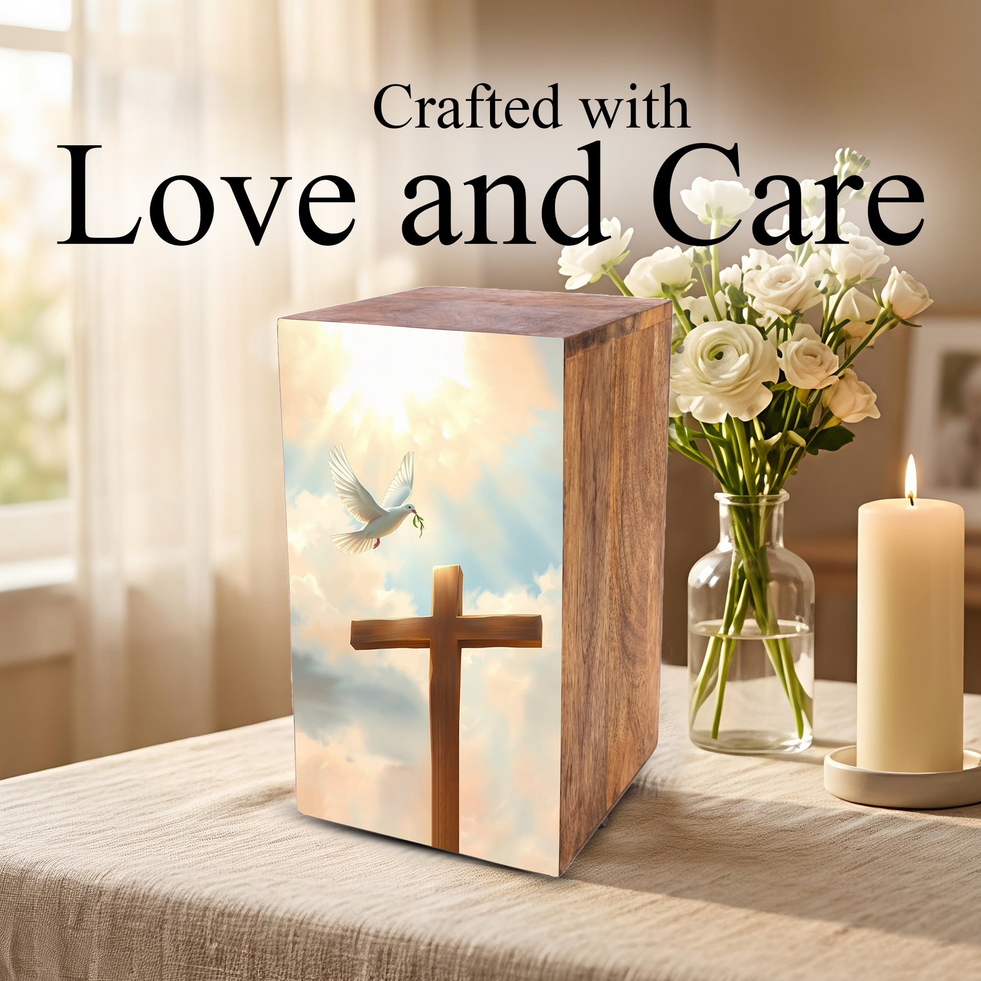 Dove Cross Urn For Ashes - Religious Wooden Cremation Urn Box